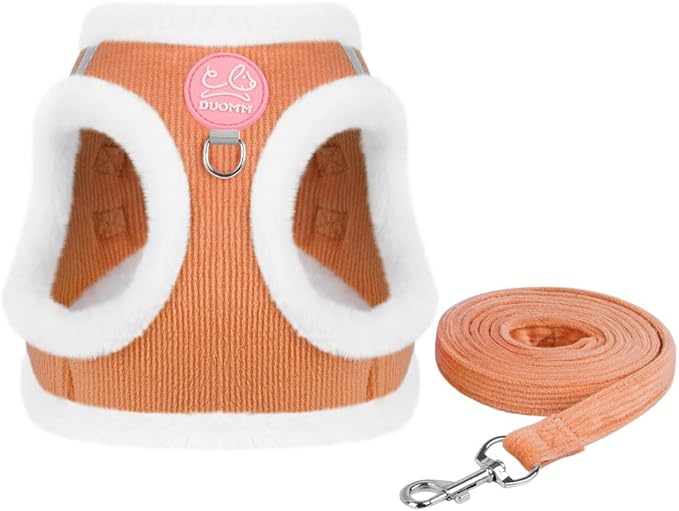 Dog Harness and Leash Set-No Pull No Choke Step-in Pet Harness for Cold Weather Lightweight Adjustable Cat Harness Warm Plush Puppy Vest with Hook & Loop Fastener Buckles D-Rings-Lightorange-M