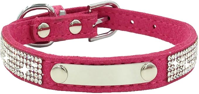 Personalized Dog Collar with Rhinestone Name Tag - Glitter Polyester Collar Adjustable [Rose Red，L]