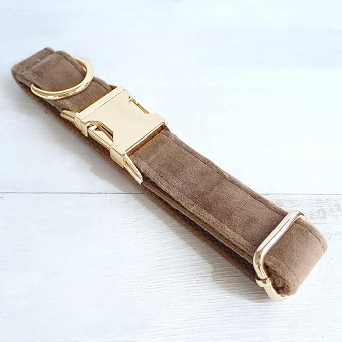 PETDURO Custom Dog Collar Personalized with Name Engraved Gold Metal Buckle for Large Medium Small Dogs - Dog Leash and Bow Tie Available - Soft Thick Velvet (Camel RG, L)