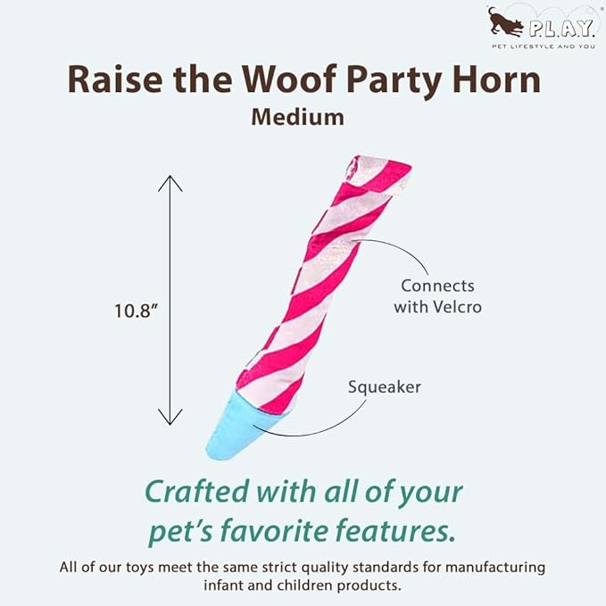 P.L.A.Y. Cute Plush Dog Toys - Birthday Party Themed Durable Squeaker Chew Toy, Great for Puppies & Small, Medium, Large Dogs - Machine Washable, Recycled Materials (Raise the Woof Party Horn, Medium)
