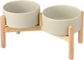 SPUNKYJUNKY Ceramics Raised Bowls with Wooden Stand - Elevated Dog Food and Water Bowl (Double 28.7OZ, Grey)
