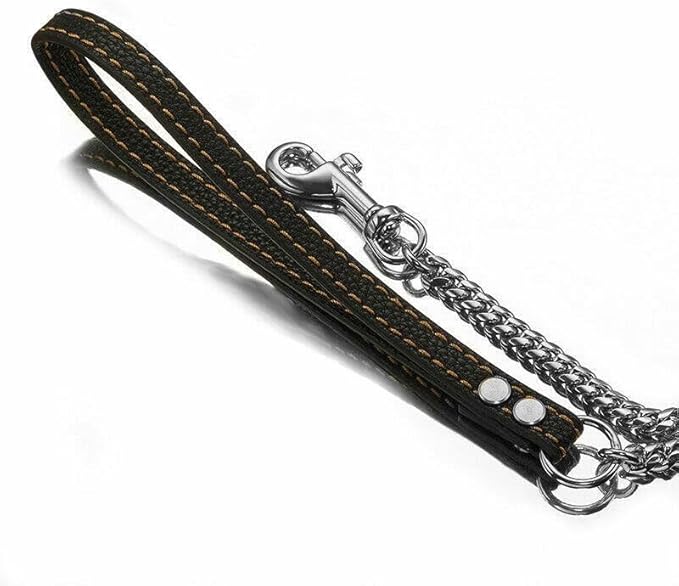 3FT/4FT/5FT Heavy Duty Silver Dog Chain Leash 14MM Stainless Steel Miami Cuban Link Chain with Durable Genuine Leather Handle for Training Walking(14mm,4ft)…