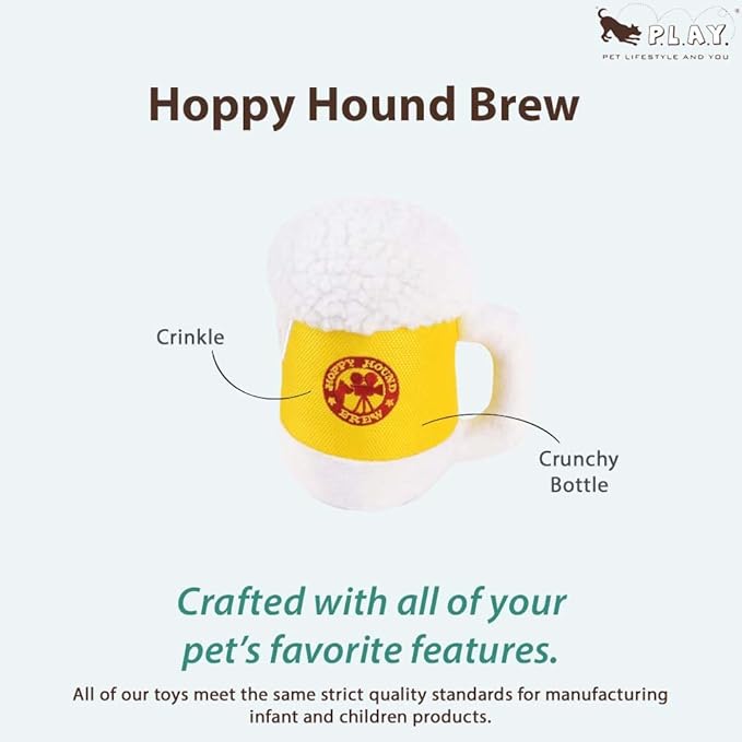 P.L.A.Y. Cute Plush Dog Toys - Hollywoof Cinema, Movie Themed Durable Squeaker Chew Toy, Great for Puppies & Small, Medium, Large Dog Breeds - Machine Washable, Recycled Materials (Hoppy Hound Brew)