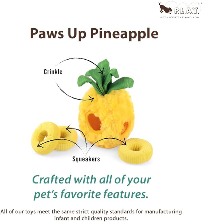 P.L.A.Y. PET LIFESTYLE AND YOU P.L.A.Y. Cute Plush Dog Toys - Tropical Paradise Summer Themed 4-in-1 Squeaker Chew Toy, Great for Puppies Dogs, Machine Washable (Paws Up Pineapple)