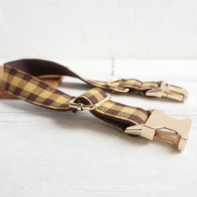 PETDURO Personalized Checkered Plaid Dog Collar Brown Yellow - Engraved Name and Phone Number on Gold Metal Buckle - Custom for Small Medium Large Boy Girl Dogs - Add Leash Bow Tie via Customize Now
