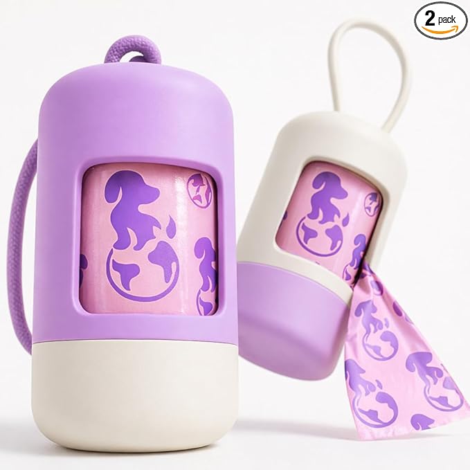 Dog Poop Bag Holder (2-Pack) | With 30 Extra-thick Dog Bags for Poop | Waste Bag Dispenser with Premium Soft-Touch Coating | Enlarged Dispense Opening, Stylish Color-Block Design (Lavender Cloud)