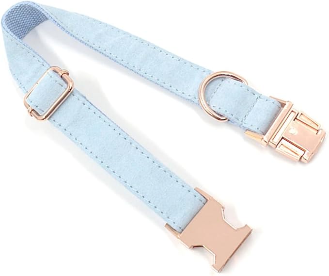 PETDURO Custom Dog Collar Personalized with Name Engraved Quick Release Rose Gold Metal Buckle for Large Medium Small Girl Dogs - Dog Leash and Bow Tie Available - Soft Comfy Velvet (Light Blue, XS)