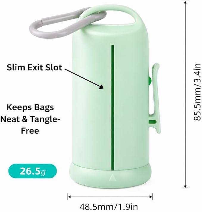 Dog Poop Bag Dispenser with Leash Clip, Includes 15 Thick Leak-Proof, Fresh Scent Waste Bags for Walking, Hiking, and Travel (Mint Green)