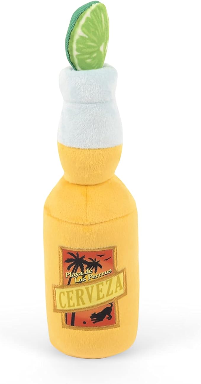 P.L.A.Y. PET LIFESTYLE AND YOU P.L.A.Y. Cute Plush Dog Toys - Tropical Paradise Summer Drink Themed Durable Crinkle Chew Toy for Puppies Dogs - Machine Washable, Recycled Materials (Canine Cerveza)