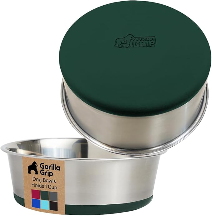 GORILLA GRIP Dog Bowls, Holds 1 Cup Each (8 fl oz), Heavy Duty Stainless Steel Food and Water Bowl for Feeding Dogs and Cats, Dishwasher Safe, Rust Resistant Metal BPA Free Rubber Base, Set of 2 Green