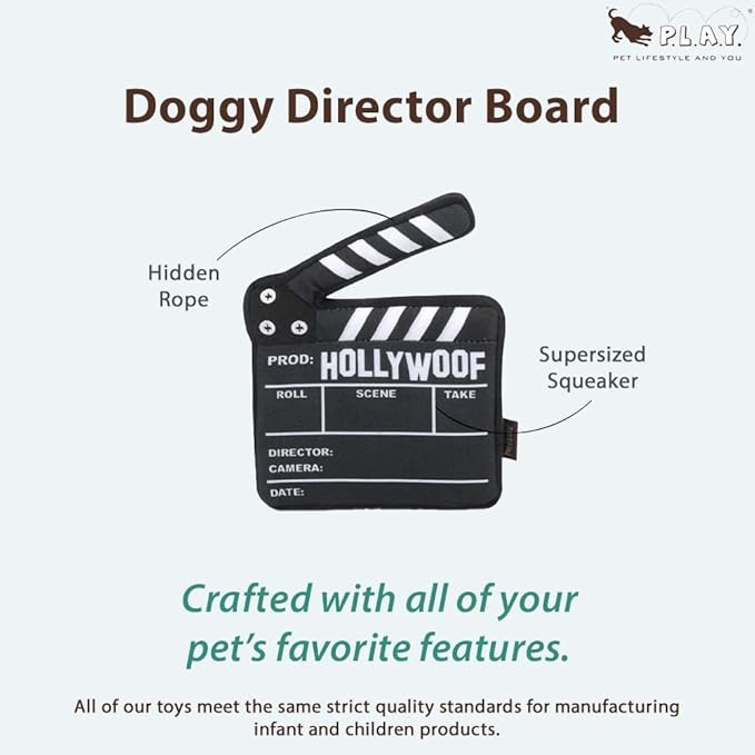 P.L.A.Y. Cute Plush Dog Toys - Hollywoof Cinema, Movie Themed Durable Squeaker Chew Toy, Great for Puppies & Small, Medium, Large Dogs - Machine Washable, Recycled Materials (Doggy Director Board)