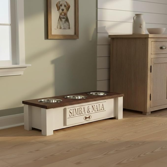 GTW Personalized Elevated Triple Dog Bowl Stand for Large, Medium, Small, X-Small Dogs - 3 Stainless Steel Food and Water Bowls - Raised Dog Dish with Internal Storage (Small, Brown)