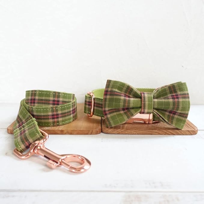 PETDURO Personalized Plaid Dog Collar Apple Green - Engraved Name and Phone Number on Rose Gold Metal Buckle - Custom for Small Medium Large Boy Girl Dogs - Add Leash Bow Tie via Customize Now