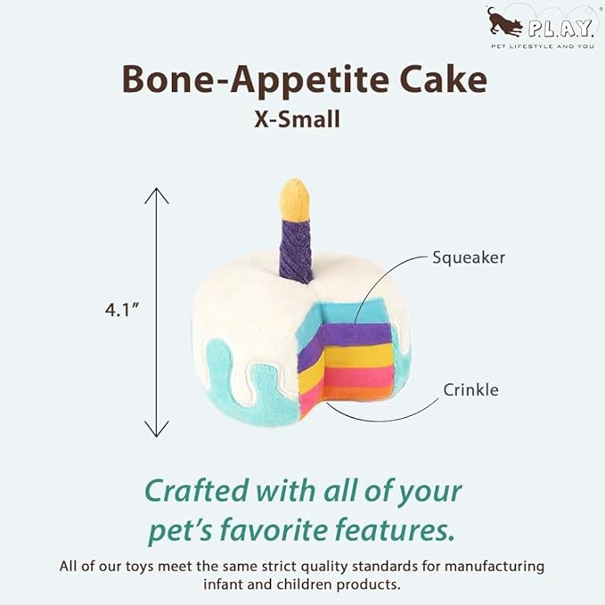 P.L.A.Y. Cute Plush Dog Toys - Birthday Party Celebration Themed Durable Squeaker Chew Toy, for Puppies & Small, Medium, Large Dogs - Machine Washable, Recycled Material (Bone-appetite Cake, X-Small)