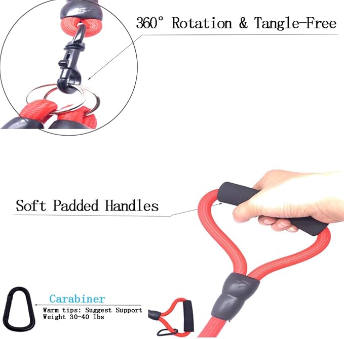 3 in 1 Durable Nylon Dog Leash with Padded Handle, 360° Swivel Multiple Dog Leash No Tangle, Lead for Medium Large Dogs, Walking & Training Double Dogs Leash Red