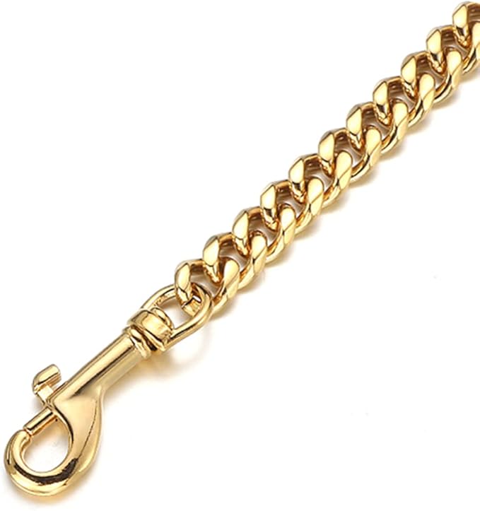 3FT/4FT/5FT Heavy Duty Gold Dog Chain Leash 14MM Stainless Steel Miami Cuban Link Chain with Durable Genuine Leather Handle for Training Walking(14mm,4ft)…