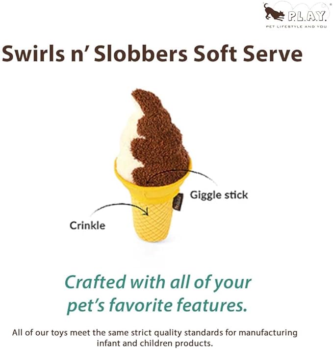 P.L.A.Y. Dog Toys - Junk Food Themed Durable Squeaker Chew Toy, Great for Puppies & All Dog Breeds & Sizes - Machine Washable (Soft Serve Ice Cream)