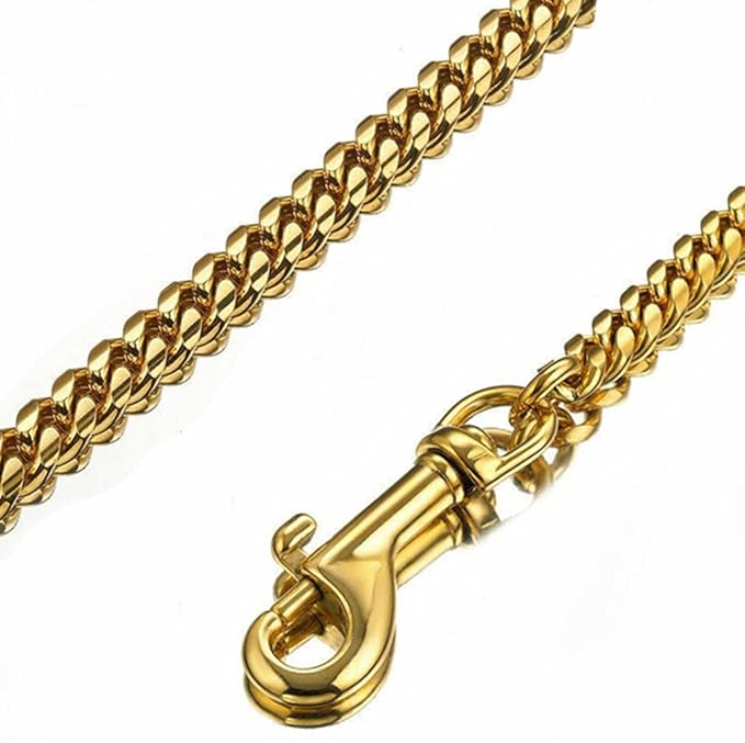 3FT/4FT/5FT Heavy Duty Gold Dog Chain Leash 10MM Stainless Steel Miami Cuban Link Chain with Durable Genuine Leather Handle for Training Walking(10mm,4ft)…