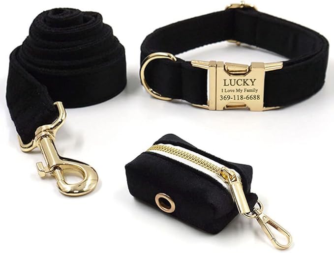 PETDURO Custom Dog Collar Personalized with Name Engraved Quick Release Rose Gold Metal Buckle for Large Medium Small Girl Dogs - Dog Leash and Bow Tie Available - Soft Comfy Velvet (Black G, XL)