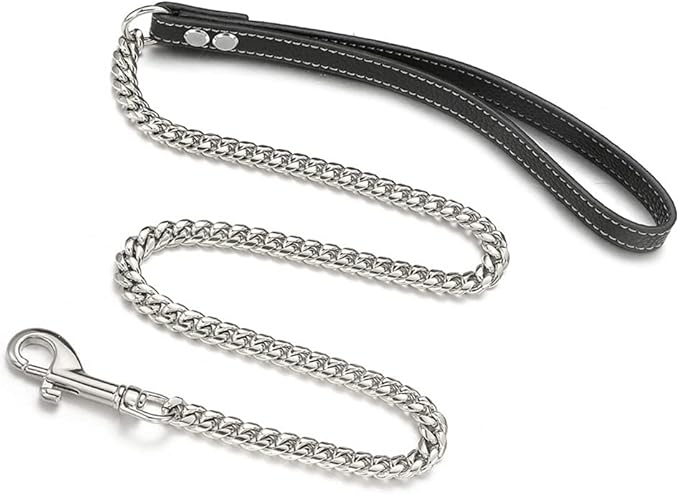 3FT/4FT/5FT Heavy Duty Silver Dog Chain Leash 10MM Stainless Steel Miami Cuban Link Chain with Durable Genuine Leather Handle for Training Walking(10mm,4ft)…