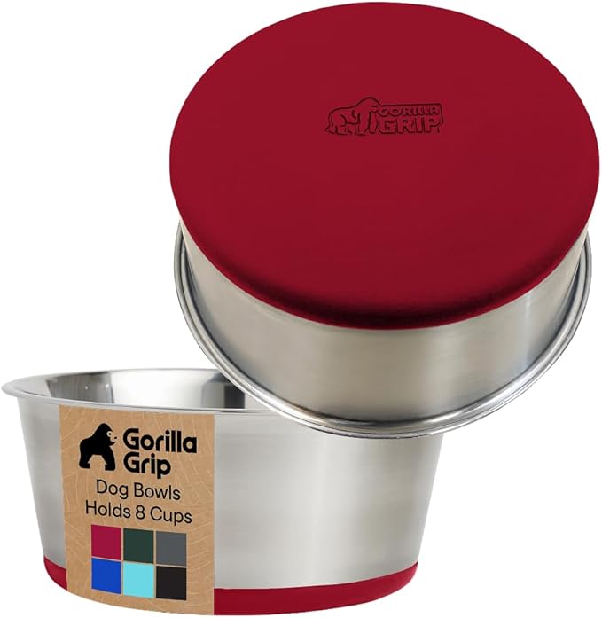 GORILLA GRIP Set of 2 Dog Bowls, Holds 8 Cups (64 fl oz), Heavy Duty Metal Food and Water Bowl for Feeding Dogs and Cats, Dishwasher Safe, Rust Resistant Stainless Steel, BPA Free Rubber Base, Red