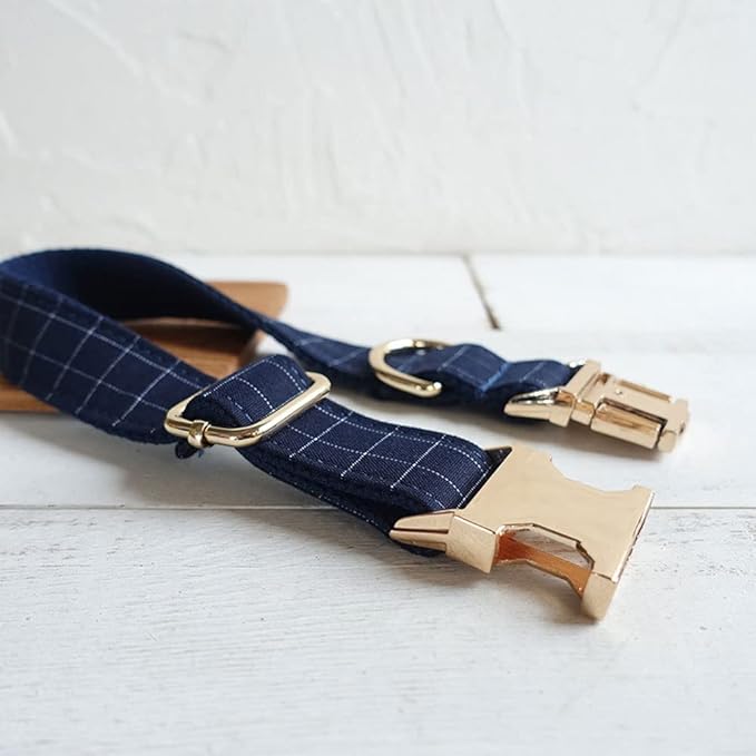 PETDURO Personalized Windowpane Plaid Dog Collar Blue - Engraved Name and Phone Number on Gold Metal Buckle - Custom for Small Medium Large Boy Girl Dogs - Add Leash Bow Tie via Customize Now