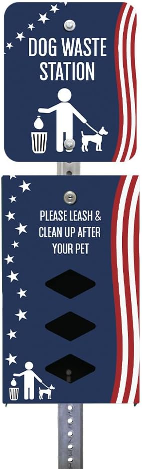 DISPENSE-ART™ collection "Stars and Stripes" - Custom UV printed design on rust-proof aluminum 7' dog waste station with 400 dog waste roll bags