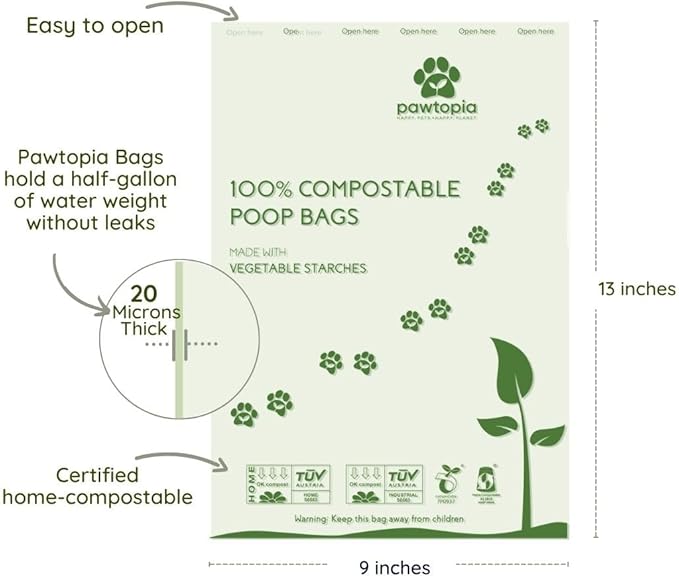 Pawtopia Biodegradable Dog Poop Bags, 60 Count, Certified Home Compostable, Leak-Proof, Easy Open