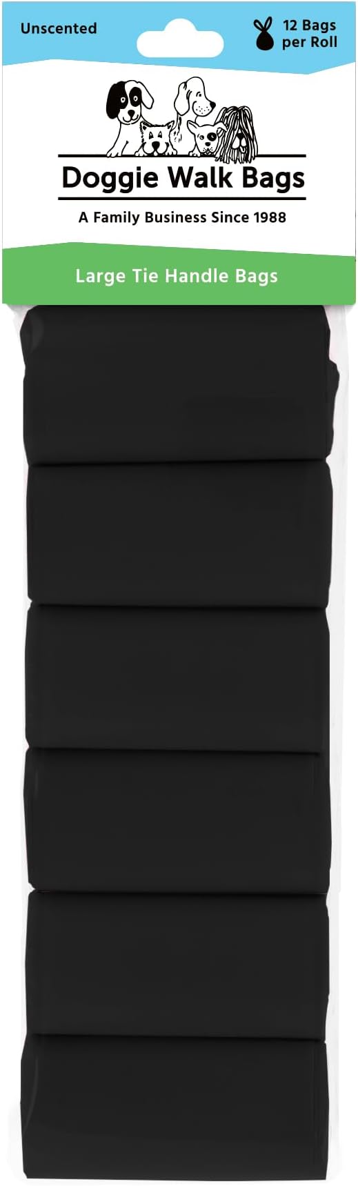 Large Dog Poop Bags on a Roll with Easy Tie Handles, Strong and Leak Proof Doggy Waste Bags, 72 Count, Black Unscented