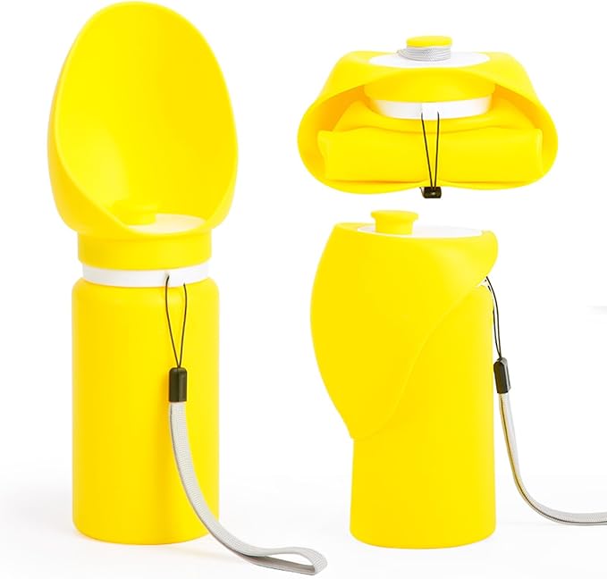 Portable Dog Water Bottle, 2-in-1 Leak Proof & Collapsible Silicone Pet Dispenser with Built-in Bowl, Food Grade Travel Cup for Walking, Hiking (19oz/550ml, Yellow)