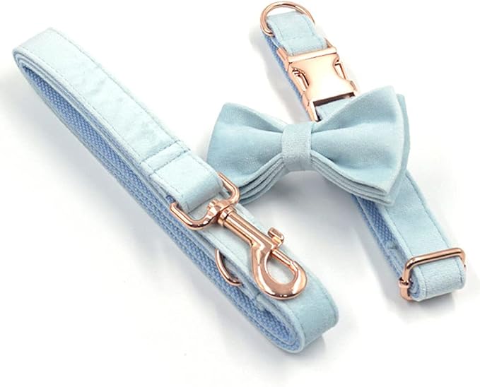 PETDURO Custom Dog Collar Personalized with Name Engraved Quick Release Rose Gold Metal Buckle for Large Medium Small Girl Dogs - Dog Leash and Bow Tie Available - Soft Comfy Velvet (Sky Blue, S)