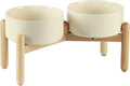 Ceramic 7.3inch Raised Double Bowls Set with Wooden Stand, Food & Water Bowls for Medium Breed Dogs, Weighted Dog Dishes, Pet Feeder(Beige)