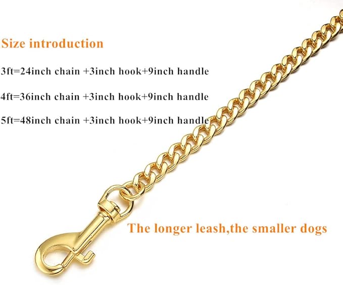 Gold Dog Leash 11MM Heavy Duty Metal Pet Leash 18K Gold Plated Stainless Steel Chain Leash with Padded Handle 3FT/4FT/5FT(11mm,4ft)