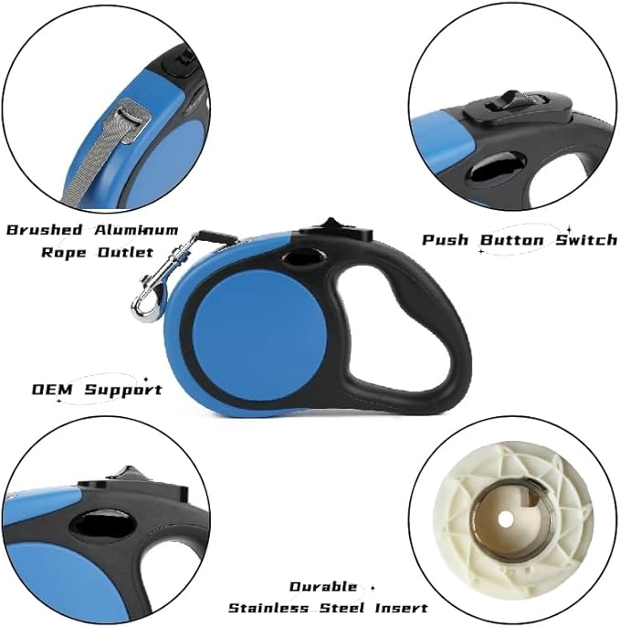 Dual Retractable Dog Leash for Large Dogs (Up to 110 Lbs Each) - Double Headed 16 ft Extendable Pet Leash with Poop Bags, Non Slip Grip - One Button Break & Lock, 360 Tangle-Free (Blue, Large)