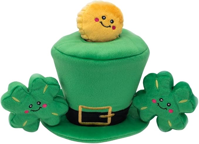 ZippyPaws Burrow Puzzle Plush Dog Toy, Interactive Squeaky Toy for Enrichment, Hide and Seek Game for Small to Medium Dogs, Leprechaun Hat