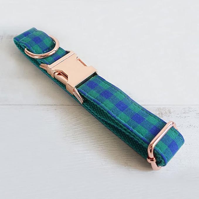 PETDURO Personalized Checkered Plaid Dog Collar Green Blue - Engraved Name and Phone Number on Gold Metal Buckle - Custom for Small Medium Large Boy Girl Dogs - Add Leash Bow Tie via Customize Now
