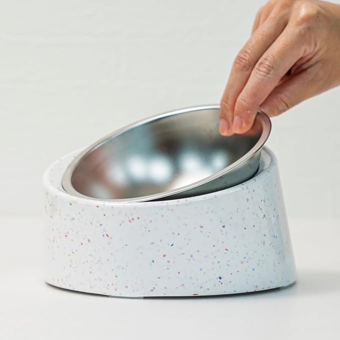 bzyoo 16oz Tilted Dog Bowl for Small Dogs & Cats, 15° Elevated Stainless Steel Pet Feeder, Ergonomic Anti-Vomiting Food Bowl for Frenchie, Pug, Persian Cat, Non-Skid Melamine Stand, Sprinkle (White)