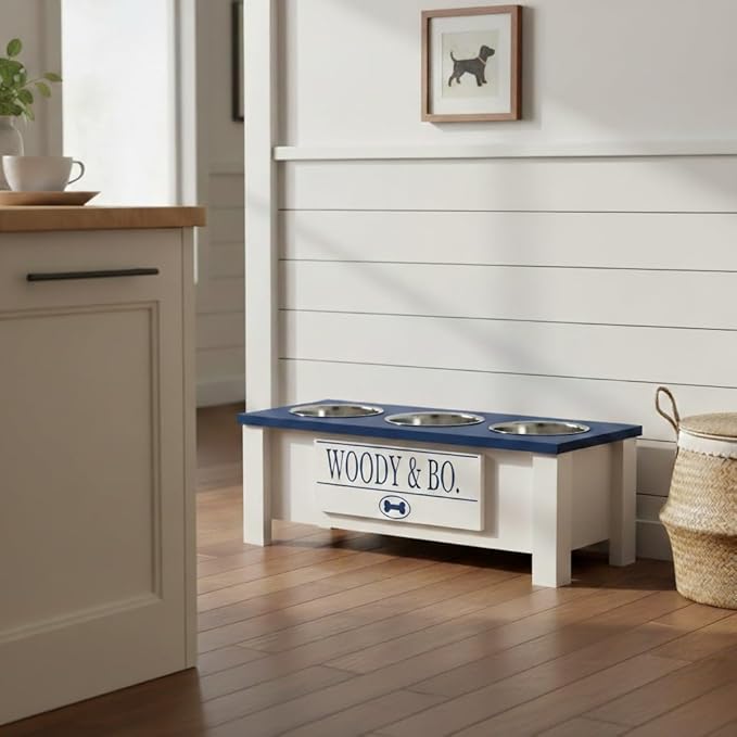 GTW Personalized Elevated Triple Dog Bowl Stand for Large, Medium, Small, X-Small Dogs - 3 Stainless Steel Food and Water Bowls - Raised Dog Dish with Internal Storage (Medium, Blue)