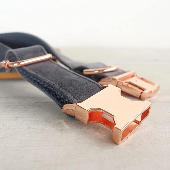 PETDURO Custom Dog Collar Personalized with Name Engraved Quick Release Rose Gold Metal Buckle for Large Medium Small Girl Dogs - Dog Leash and Bow Tie Available - Soft Comfy Velvet (Grey, L)