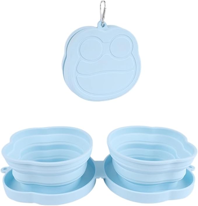 Large Dog Bowl Collapsible Dual Pet Bowl Flip Over Foldable Travel Food & Water Bowls for Dogs & Cats, Lightweight Portable 2-in-1 Double Feeder, 16.9 oz Each Bowl (Blue)
