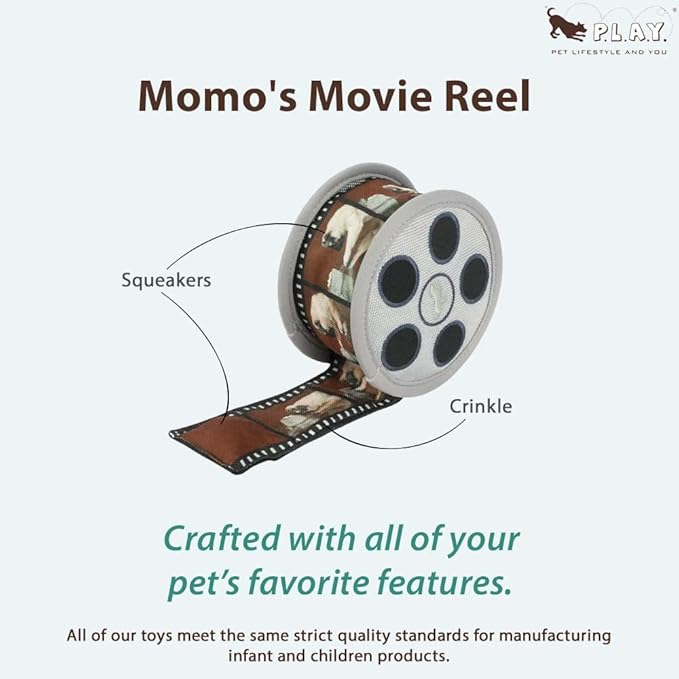 P.L.A.Y. Cute Plush Dog Toys - Hollywoof Cinema, Movie Themed Durable Squeaker Chew Toy, Great for Puppies & Small, Medium, Large Dog Breeds - Machine Washable, Recycled Materials (Momo's Movie Reel)
