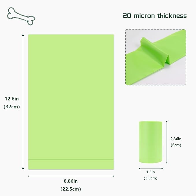 Loveishere 100% Compostable & Biodegradable Poop Bags (Green), Certified by ASTM D6400 and EN 13432, 20 Micron Thick, Guaranteed Leak Proof (360 Bags, 24 Rolls)