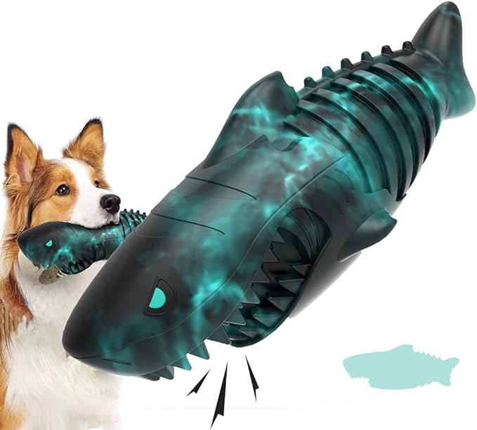 Dog Chew Toy for Aggressive Chewer Squeak Dog Toys for Medium Large Dogs,Dog Toothbrush 100% Natural Rubber Durable Toy with Unique Shark Design