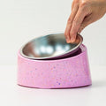 bzyoo 16oz Tilted Dog Bowl for Small Dogs & Cats, 15° Elevated Stainless Steel Pet Feeder, Ergonomic Anti-Vomiting Food Bowl for Frenchie, Pug, Persian Cat, Non-Skid Melamine Stand, Sprinkle (Pink)