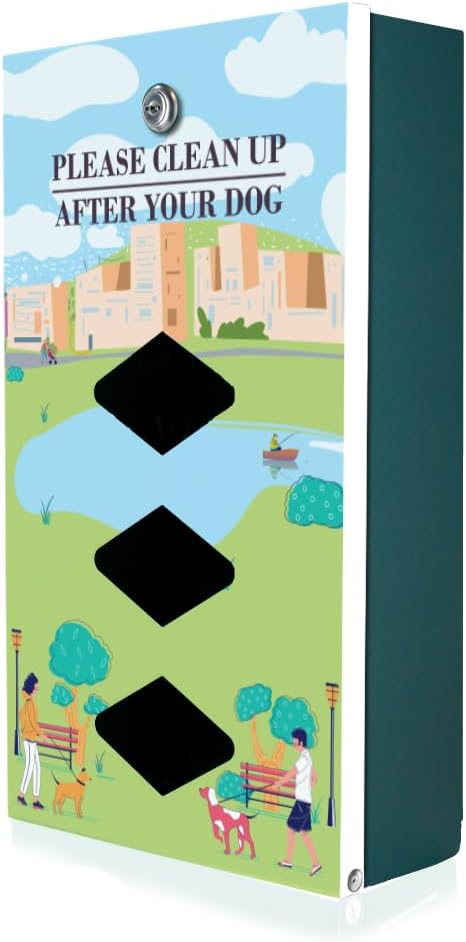 DISPENSE-ART™ collection "Dog Park Walk" - Custom UV printed design on rust-proof aluminum 7' dog waste station with 400 dog waste roll bags