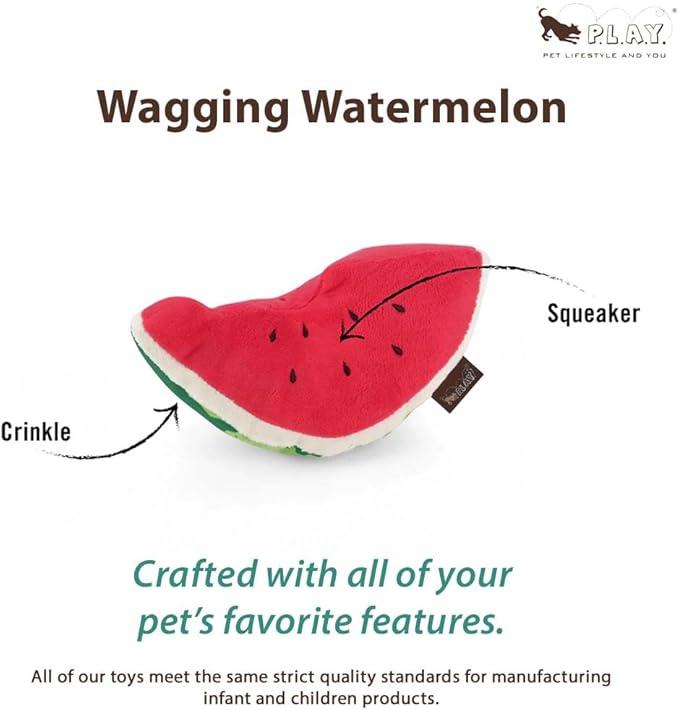 P.L.A.Y. Cute Plush Dog Toys - Tropical Paradise Summer Food Themed Durable Squeaker Chew Toy, Great for Puppies & Small, Medium, Large Dogs - Machine Washable, Recycled Materials (Wagging Watermelon)