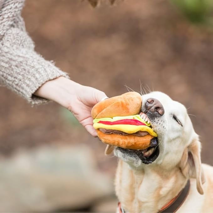 P.L.A.Y. Cute Plush Dog Toys - Fast Food Themed Durable Squeaker Chew Toy, Great for Puppies & Small, Medium Dogs - Machine Washable, Recycled Materials (American Classic Burger, X-Small)