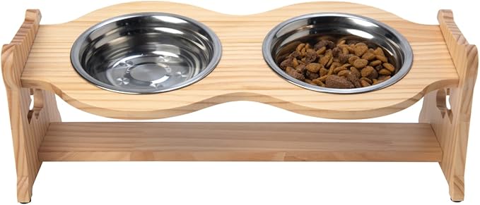 Creative Hobbies Raised Pet Bowls for Cats and Dogs - Bamboo Adjustable Elevated Stand with 2 Stainless Steel Bowls | Anti-Slip Grip, 4 Inches Tall