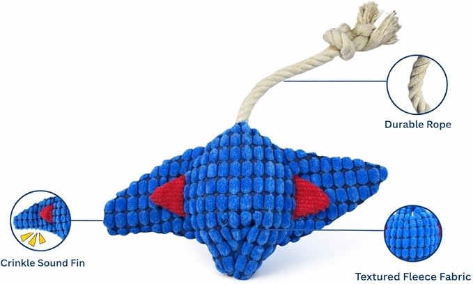 Durable Blue Fish Plush Dog Chew Toys with Squeaker – Tough Stuffed Ocean Animal with Natural and Safe Cotton Fill for Teething Puppies, Small, and Medium Breeds
