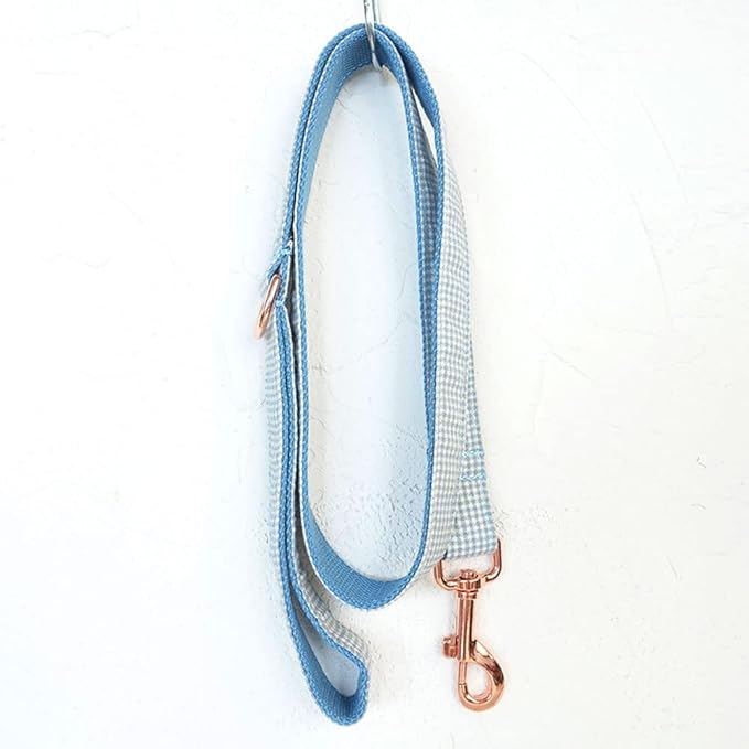 PETDURO Personalized Gingham Plaid Dog Collar Baby Blue - Engraved Name and Phone Number on Rose Gold Metal Buckle - Custom for Small Medium Large Boy Girl Dogs - Add Leash Bow Tie via Customize Now